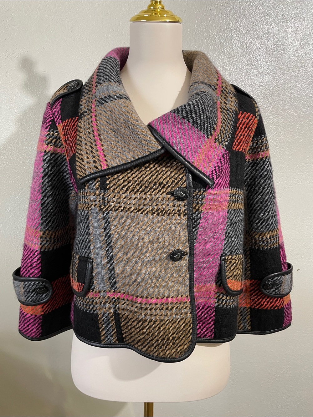 Aldomartins Knit Jacket Cropped Plaid Wool Cashmere Button Textured Sz 4 Artwear